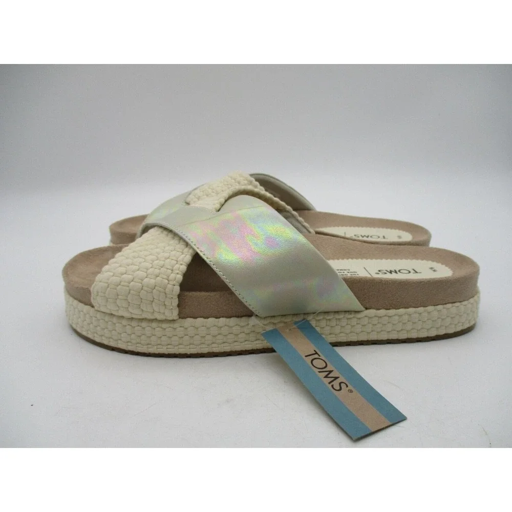 Toms Sandals Womens 9 Paloma Iridescent Leather Slide Casual‎ Silver Comfort New